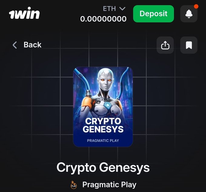 1win mobile app screenshot showing a 'Crypto Genesys' game by Pragmatic Play, with a balance of 0.00000000 ETH displayed.