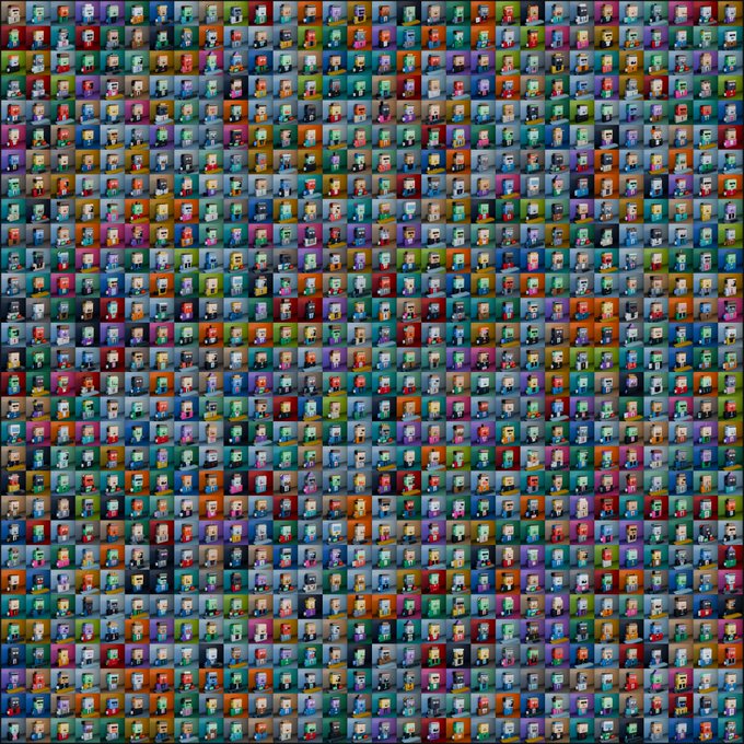 A dense grid of pixel art characters, resembling CryptoPunks, in various colors and designs filling the entire frame.