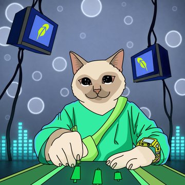 An illustrated Siamese cat in a green sweater stands behind what appears to be a DJ mixer or control console, with two monitors displaying yellow cash/dollar symbols on either side, set against a dark background with circular light effects—symbolizing the "moves" the $CASHCAT token is making in the crypto market as the game begins.