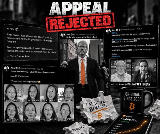 The graphic depicts a dramatic collage centered on a stern-looking figure in a suit with a red tie, overlaid with a bold red "APPEAL REJECTED" stamp, alongside surrounding tweets from Alex (@Alexeslakamoto) mentioning Bitcoin ($BTC), Michael Saylor, and a mug reading "ORIGINAL SINCE 2009," with a Bitcoin price chart showing $1,000,000. It visually represents the rejection of an appeal for Original Content Rewards, echoing the poster's experience of being denied and suspecting the rejected content—likely the "Viking Saylor dance"—was the cause.