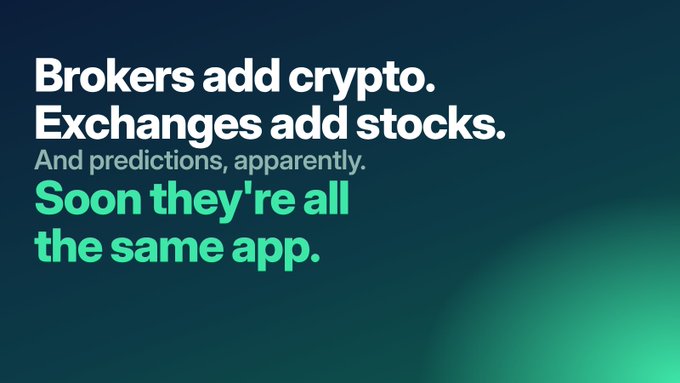 A dark blue graphic with a green glow reads: “Brokers add crypto. Exchanges add stocks. And predictions, apparently. Soon they’re all the same app.” The text illustrates the post’s point that brokers, exchanges, and prediction platforms are converging into similar financial apps.
