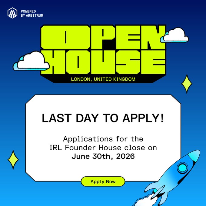 A promotional graphic for the "Open House" program in London, powered by Arbitrum, announces "LAST DAY TO APPLY!" for the IRL Founder House, with applications closing on June 30th, 2026, and features an "Apply Now" button. The bold yellow text and rocket illustration visually emphasize the urgency and entrepreneurial opportunity, complementing the post's call for founders to join a 3-day program offering $300K in prizes and grants starting July 10.