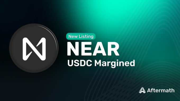 The image is a promotional banner announcing a new listing of NEAR USDC-Margined perpetual futures on Aftermath, featuring the NEAR logo and the text "New Listing - NEAR USDC Margined," which relates to the post's announcement that users can now long or short NEAR with up to 10x leverage on the platform.
