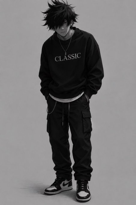 A grayscale digital illustration of an anime-style male character with messy black hair, wearing a black 'CLASSIC' sweatshirt, cargo pants, and Nike sneakers.