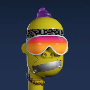 A 3D-rendered cartoon character with yellow skin wearing a bandana, reflective sunglasses, a silver mouthguard, and a gold chain, with a small purple party hat on its head.
