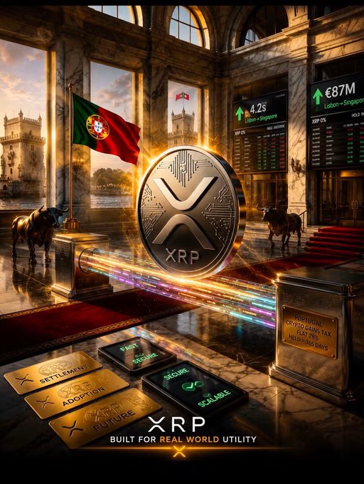A stylized promotional graphic features a large silver XRP coin in a grand hall setting, alongside the Portuguese flag, bull statues, and text reading 'XRP', 'BUILT FOR REAL WORLD UTILITY', and display screens showing '€87M' and '4.2s'.