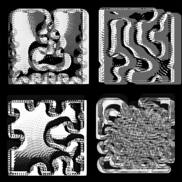 Four black and white textured 3D-printed or engraved square tiles, each featuring a unique abstract organic pattern.