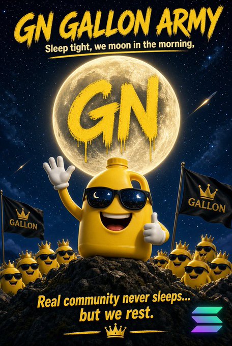 A parody poster titled 'GN GALLON ARMY' with the tagline 'Sleep tight, we moon in the morning,' featuring a yellow jug character wearing sunglasses with 'GALLON' flags.