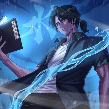 A dark-haired young man with a ponytail holds a book labeled with Asian characters as glowing blue water-like energy swirls around him against a mystical blue background, fitting the "Azuki" theme of anime-inspired artwork.