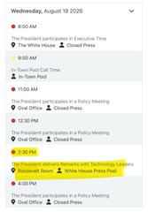 The image shows a White House schedule for Wednesday, August 19, 2026, with a highlighted entry at 2:30 PM reading "In-Drop-In Oval Office - The President meets with Technology Leaders - Closed Press," confirming Ripple CEO Brad Garlinghouse's meeting with President Trump as announced in the post.