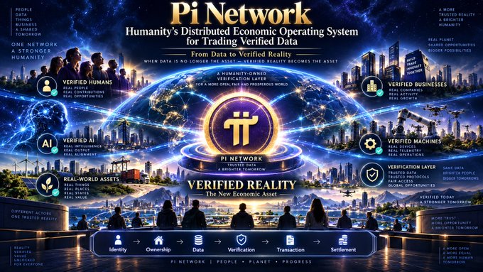 A promotional graphic for Pi Network titled "Humanity's Distributed Economic Operating System for Trading Verified Data," featuring the tagline "From Data to Verified Reality — When Data Is No Longer the Asset, Verified Reality Becomes the Asset." The image showcases a futuristic cityscape with interconnected ecosystem elements including Verified Humans, Verified Businesses, Verified AI, Verified Machines, and a Verification Layer, all centered around the Pi Network logo and reinforcing the post's theme of transforming trusted reality into a new economic asset.