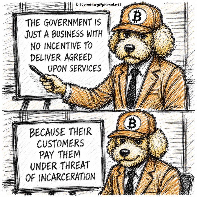 A two-panel political cartoon by bitcoindawg@primal.net featuring a dog character wearing a Bitcoin cap and suit, presenting lectures on a whiteboard about government being 'just a business with no incentive to deliver agreed upon services' because 'their customers pay them under threat of incarceration'.