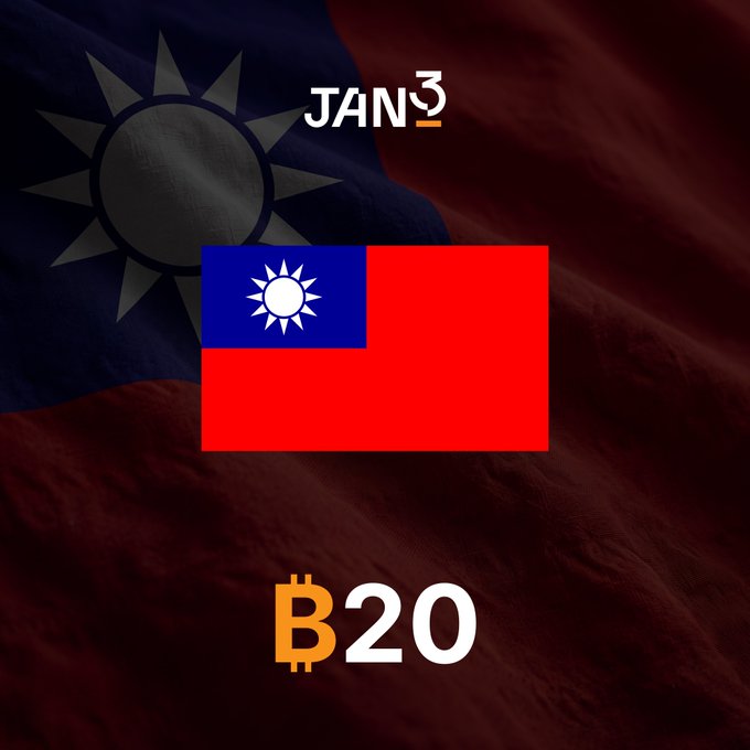 The image displays the flag of Taiwan overlaid on its national flag and features the JAN3 logo and "B20," likely referring to Bitcoin and a related index or concept. This visually supports the post's discussion of Taiwan's exploration of sovereign Bitcoin reserves.