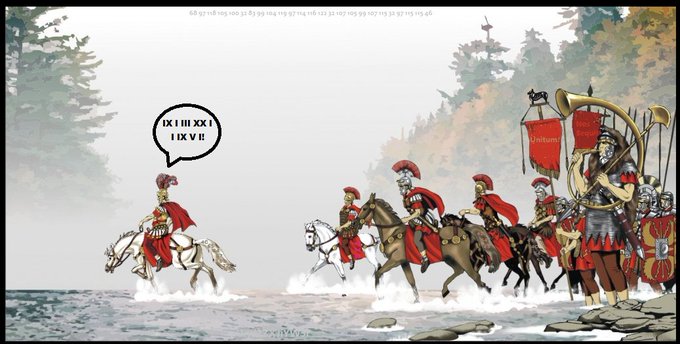 An illustrated comic scene shows a lone Roman rider on a white horse shouting "IXI III XXI I IXVI!" (likely parodying "I AM THE SENATE") while facing a mounted Roman cavalry squadron labeled "SPQR" with horn-blowing soldiers behind them. The dramatic standoff of a single commander confronting a small legion humorously reinforces the "DAILY REMINDER" by depicting an underdog boldly declaring himself to a vastly outnumbering force.