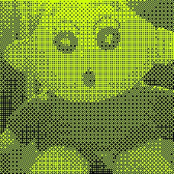 A green and dark pixelated halftone-style image that appears to depict an animal face or character.