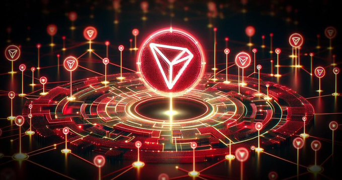 A glowing red TRON logo hovers above a futuristic circular platform surrounded by interconnected network nodes, symbolizing the blockchain infrastructure. The image visually reinforces TRON's role as the network enabling GasFree's seamless USDT transfers, where gas fees are deducted directly from the tokens being moved.