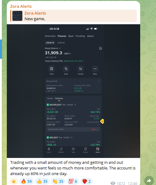 A Zora Alerts push notification announces a "New game," appearing over a screenshot of a trading account showing a $31,909.30 USDT portfolio balance with significant gains on $MOVR/USDT (+64.74%) and $BRUST/USDT (+22.79%) positions, despite the post's dismissive commentary about the $MOVR entry order.