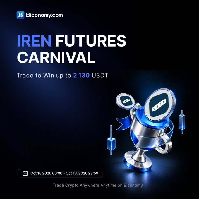 A promotional banner for 'Biconomy.com' advertises the 'IREN FUTURES CARNIVAL' trading event, offering a chance to win up to 2,130 USDT between October 10-16, 2026.