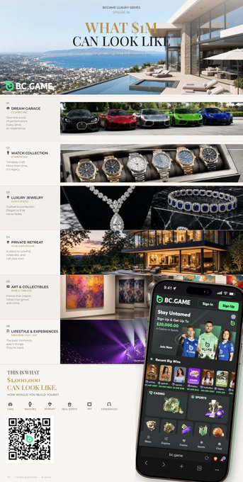 An advertisement for BC.GAME's 'Become Luxury Series' Episode 26, titled 'What $1M Can Look Like,' showcasing dream garages, watch collections, jewelry, and private retreats.