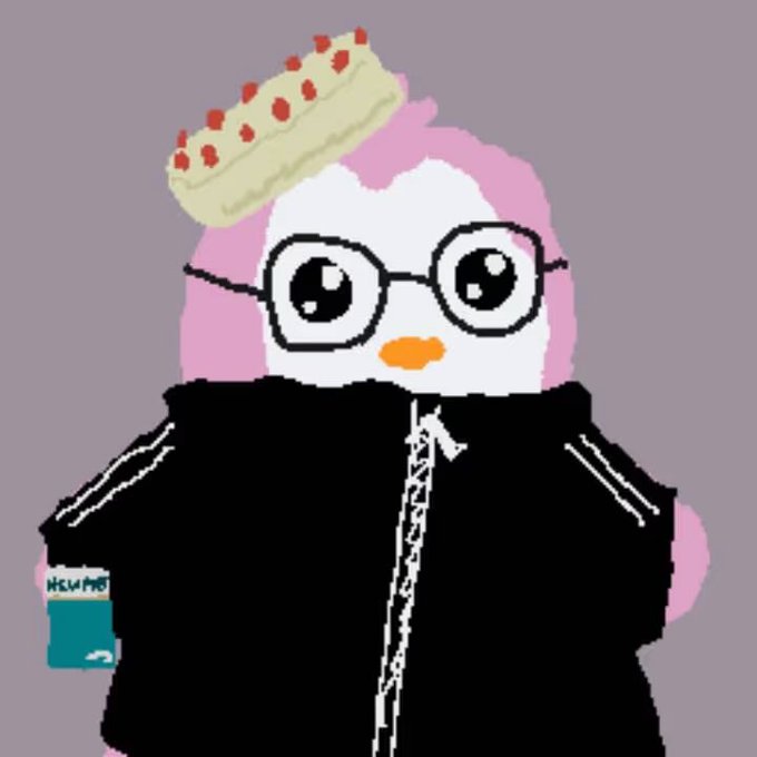 A cute cartoon penguin character wears round glasses, a black hoodie, and has a strawberry shortcake slice balanced on its head, holding a small can.