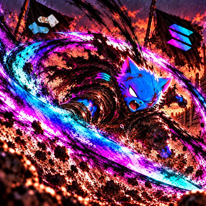 A vibrant digital artwork featuring a blue cat-like creature with an aggressive expression, surrounded by a swirling tornado of purple, blue, and orange energy against a dark background.