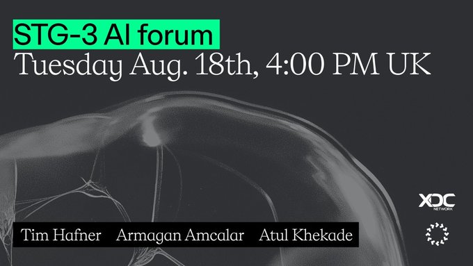 A promotional graphic for the STG-3 AI Forum scheduled for Tuesday, August 18th at 4:00 PM UK, featuring speakers Tim Hafner, Armagan Amcalar, and Atul Khekade against a dark background with abstract light imagery. The XDC Network logo appears in the corner, connecting to the accompanying post about AI agents and on-chain finance.