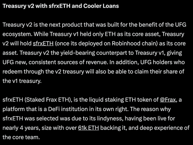 A text explanation of Treasury v2 for the UFG ecosystem, describing its use of sfrxETH (Staked Frax ETH) as its core asset alongside Cooler Loans.