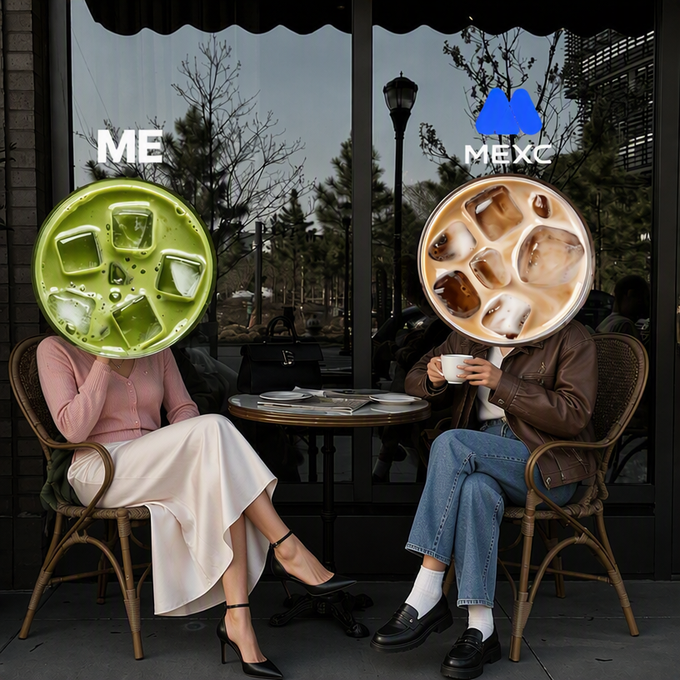 Two people sit at a café table with their heads replaced by ice cubes; the left person has 'ME' above them and the right has the 'MEXC' logo above them.