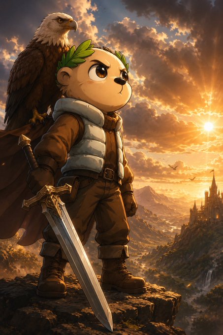 The image features a cartoon character, possibly a bear or a fox, standing on top of a cliff with a sword in hand. The character appears to be looking down at something below them. In the background, there are several birds flying around, adding to the scene's atmosphere. The caption reads "Good morning CT Can i get GM back? Another day to lock in harder". This phrase is likely a reference to the character's determination and readiness for battle or challenges ahead.