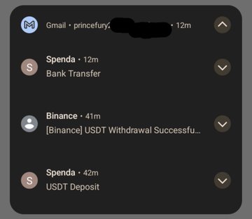 A mobile notification screen showing recent activities including a Gmail message from "princefuryc", bank transfer notifications from Spenda, and Binance cryptocurrency transactions for USDT withdrawal and deposit.