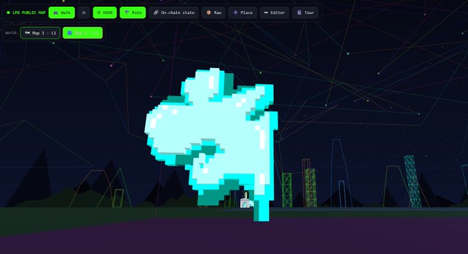 A screenshot of an LFG Public Map in a voxel-based 3D game world, featuring a large floating light blue cloud-like structure with a small character standing beneath it.