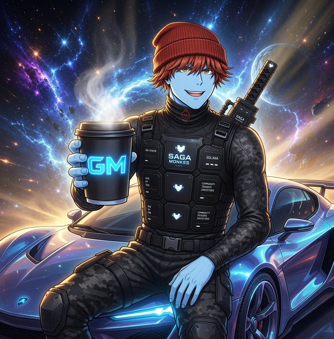 An anime-style illustration of a blue-skinned character with red hair wearing a red beanie and tactical 'SAGA MONKES' vest, holding a glowing 'GM' coffee cup, with a katana on their back, sitting on a sports car against a cosmic starry background.