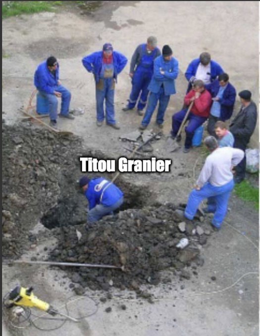 An overhead view of a group of workers in blue uniforms digging a trench, with the text "Titou Granier" overlaid on the image.