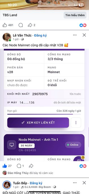 A screenshot of a mobile Facebook feed in Vietnamese, showing a post by "Lê Văn Thức" announcing that Mainnet Nodes have been updated to V28, with the interface displaying key metrics including "Khối mới nhất: 29070975," "Phiên bản: V28," and "Mạng: Mainnet," along with a purple banner for "Node Mainnet - Anh Tín 1" (CN-092455) marked as Online.