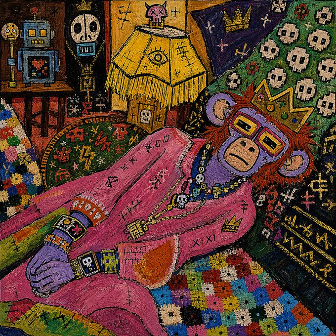 A vibrant, colorful painting in a raw/expressionist style depicts a purple-faced character with a crown lying down, surrounded by skulls, robots, and cryptic symbols.