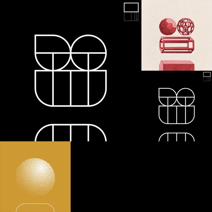 A composition featuring the same white line-art geometric shapes alongside red 3D objects and a dotted sphere on a yellow background.