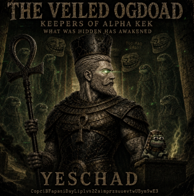 A dark, mystical album cover titled 'THE VEILED OGDOAD - KEEPERS OF ALPHA KEK - WHAT WAS HIDDEN HAS AWAKENED' featuring a bearded figure holding an ankh staff, with the name 'YESCHAD' at the bottom and a small sphinx cat wearing a pharaoh headdress.