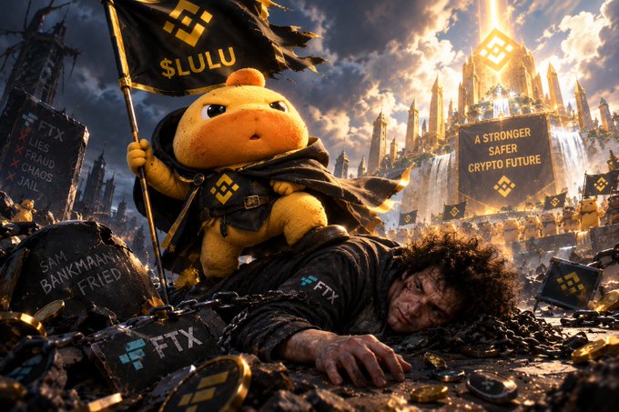 A satirical illustration showing a yellow bear-like character in armor holding a '$LULU' flag, standing victorious over a defeated figure in FTX-branded attire, with Binance logos and text including 'FTX LIES, FRAUD, CHAOS, JAIL' and 'A STRONGER SAFER CRYPTO FUTURE' in the background.