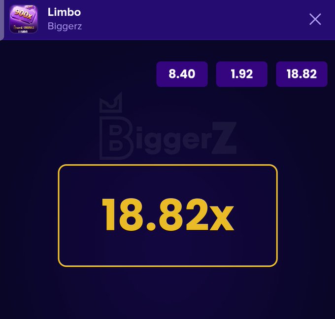 A screenshot from the Biggerz gambling platform showing a game called 'Limbo' with options to select multipliers of 8.40, 1.92, or 18.82, with 18.82x displayed prominently in yellow.