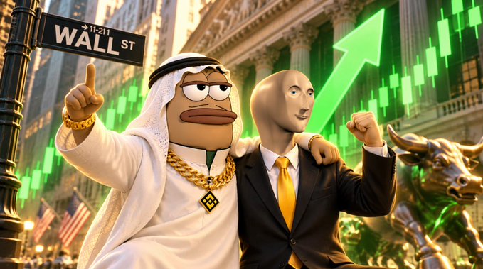 A digital illustration of two cartoon characters standing in front of the Wall St sign and a bull statue, with green stock market candlestick charts and an upward trending arrow in the background.