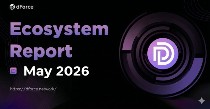 The image features a poster with a purple background, displaying the text "Ecosystem Report May 2026" at the top of the poster. Below this, there are two circles - one purple circle containing a white logo for dForce and another purple circle containing a white logo for AxCNH. The text "Focus on what is in the image and how it relates to the post." suggests that the poster might be related to an event or announcement about ecosystem reporting or financial services, possibly at a conference or gathering.