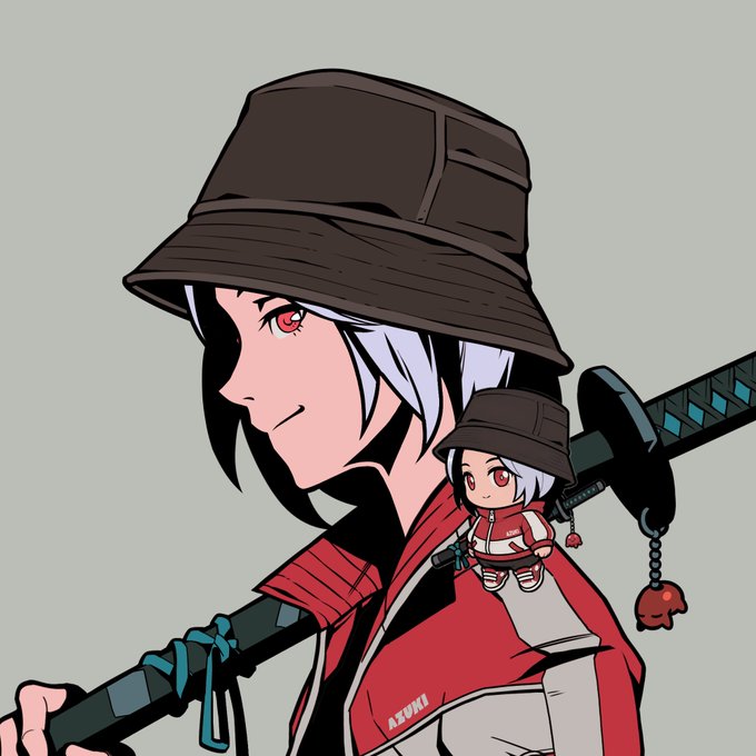An anime-style illustration of a character with white hair and red eyes wearing a dark bucket hat and red jacket, carrying a katana, with a chibi version of themselves on their shoulder next to a small ghost-like charm.