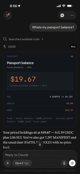 A mobile app interface showing a 't2000' tool displaying a 'Passport balance' of $19.67, broken down into 5.86 SUI, $0.00 USDsui, and $15.39 USDC.