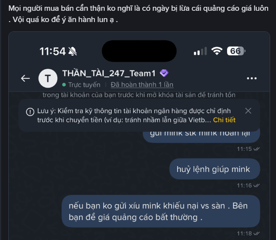 A screenshot of a Telegram chat shows messages in Vietnamese regarding a bank transfer of 51k and warnings about potential scams, with a bank account verification notice displayed.