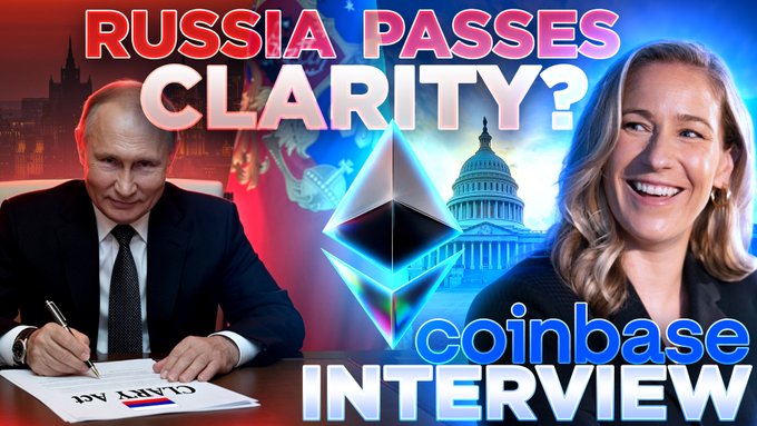 This thumbnail depicts Vladimir Putin signing a "CLARY ACT" document with the Ethereum logo and a smiling woman overlaid, alongside the Capitol building, suggesting a "Coinbase Interview" related to Russian crypto clarity. The post's text about "CLARITY Vote CHAOS" and mentioning $ETH, $SOL, and $COIN further connects the visual elements to cryptocurrency regulation and news.