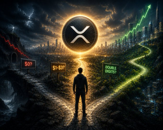 A person stands at a crossroads with three lit paths labeled "$0?", "$1-$3?", and "DOUBLE DIGITS?" beneath a large XRP coin emblem, with a red declining chart to the left, a neutral path ahead, and a green rising chart leading to a glowing cityscape on the right—visually representing the "Red, Yellow or Green?" question of XRP's potential price trajectory.