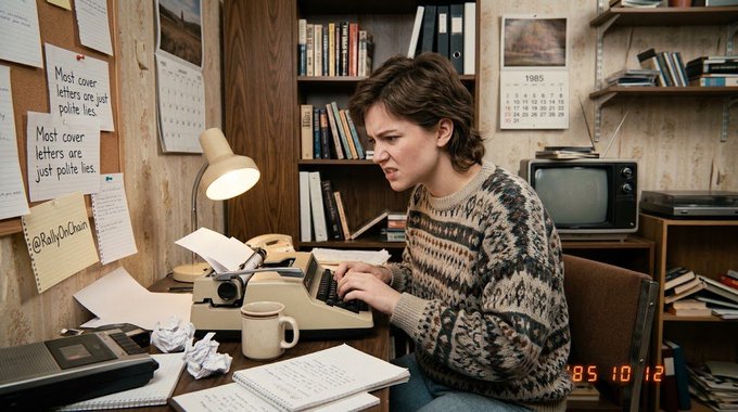A woman in a patterned sweater types on a typewriter at a desk with crumpled paper, with notes on the wall reading 'Most cover letters are just polite lies' and '@RallyOrBrien', a 1985 calendar, and a date stamp '85 10 12'.