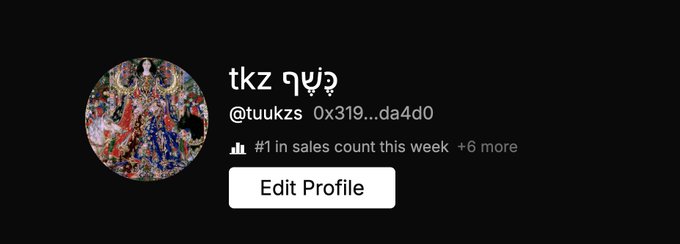 The image shows a profile card for user "tkz กุ๊ซ" (@tuukzs, 0x319...da4d0) on what appears to be a NFT marketplace, ranked #1 in sales count this week with "+6 more." The post "Collector count goes brrrrr" likely celebrates the user achieving this top sales ranking and accumulating more collectors.