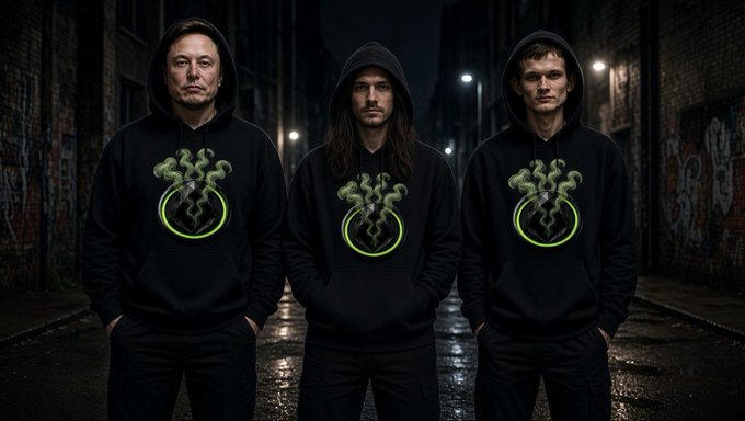 Three hooded figures stand in a dark, graffiti-covered alleyway wearing matching black sweatshirts featuring a glowing green smoke cloud logo. The image pairs with a post teasing an undiscovered "SMK2" token, with the trio representing fellow "smoke bros" awaiting a potential 1000x rally, drawing a parallel to Robinhood's early origins.
