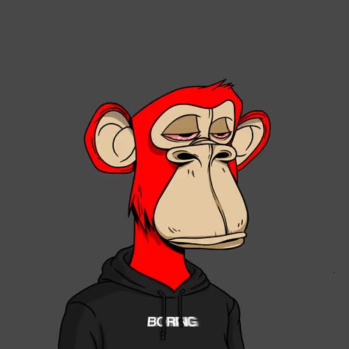 A cartoon illustration of a Bored Ape-style monkey character with red features wearing a black hoodie that reads 'BORING'.